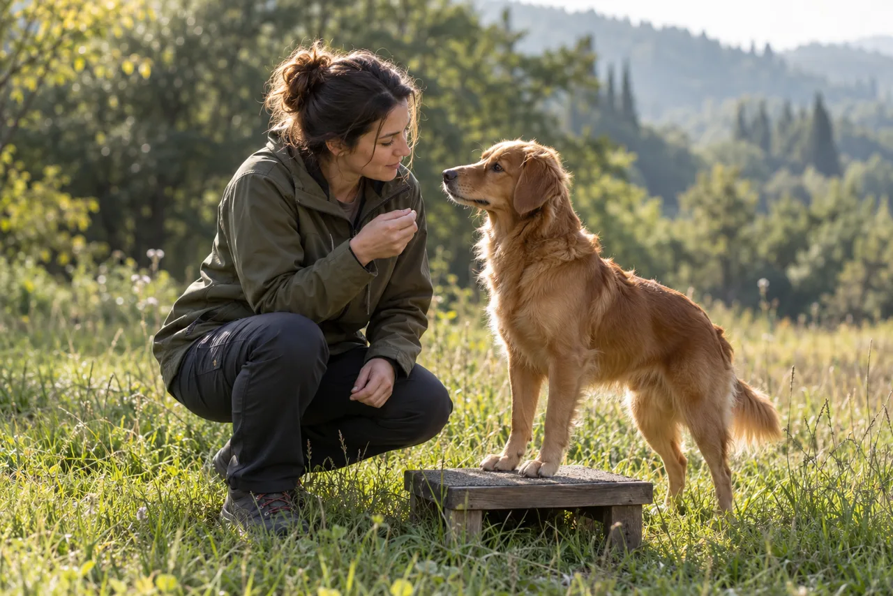 Immagine illustrativa di una conduttrice e un cane con le zampe anteriori su una pedana bassa.